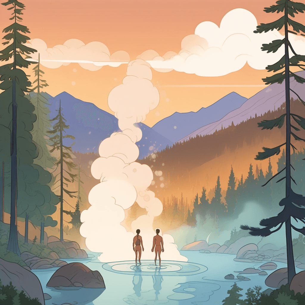 two hikers approach the natural hot spring as thick steam rises from the heated water. Wispy clouds of vapor swirl upward and fade into the cool morning air. The steam creates ghostly, translucent shapes that lack any solid form as they drift away. The hikers reach out trying to touch the mist, but their hands pass right through it. The vapor appears substantial from a distance but proves to have no physical presence when touched. something consisting of vapor and lacking substance or solidity