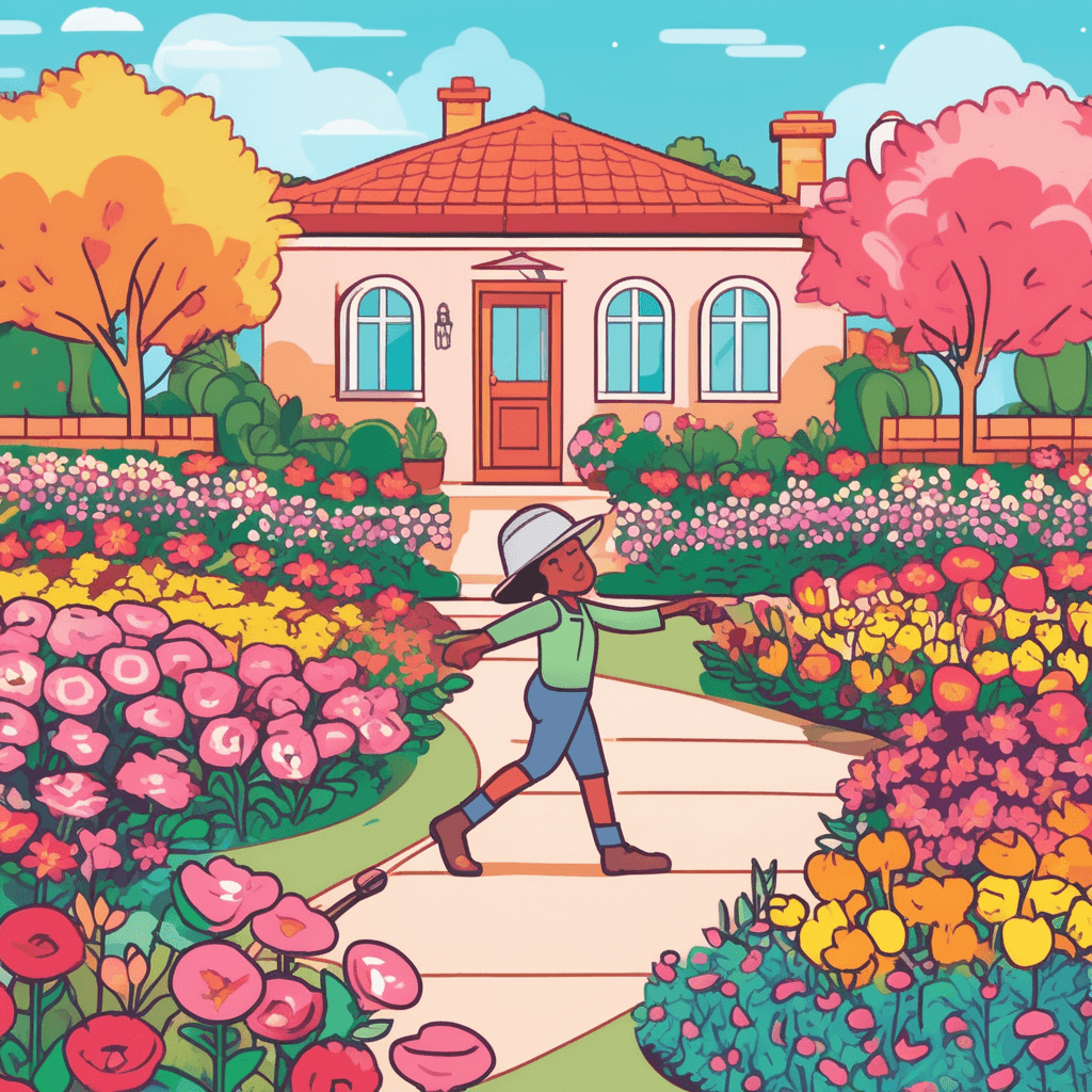 a cheerful gardener kneels beside a spectacular flower bed filled with different varieties of blooms. She points excitedly at the mixed plantings while holding a watering can in her other hand. The flower bed showcases roses with red and white stripes, tulips with yellow and purple patches, and pansies with multicolored faces. Each flower displays distinct color combinations and patterns that create a stunning patchwork effect. A butterfly collector nearby pauses to admire the diverse array while several butterflies flutter around the varied blooms. Other visitors to the garden stop and stare in wonder at the beautiful mixture of colors and markings. flowers having different colors and markings in a delightful variety