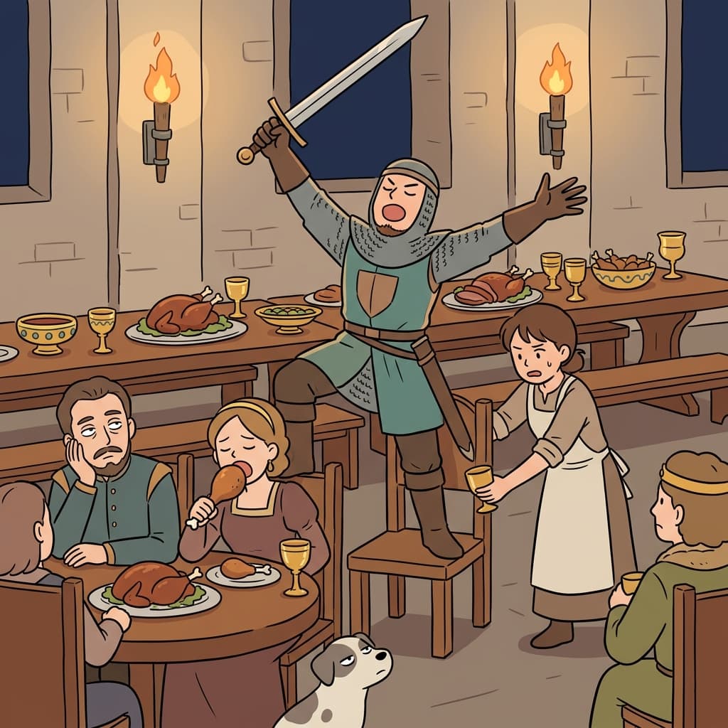 The knight likes to vaunt his victories at every royal banquet.