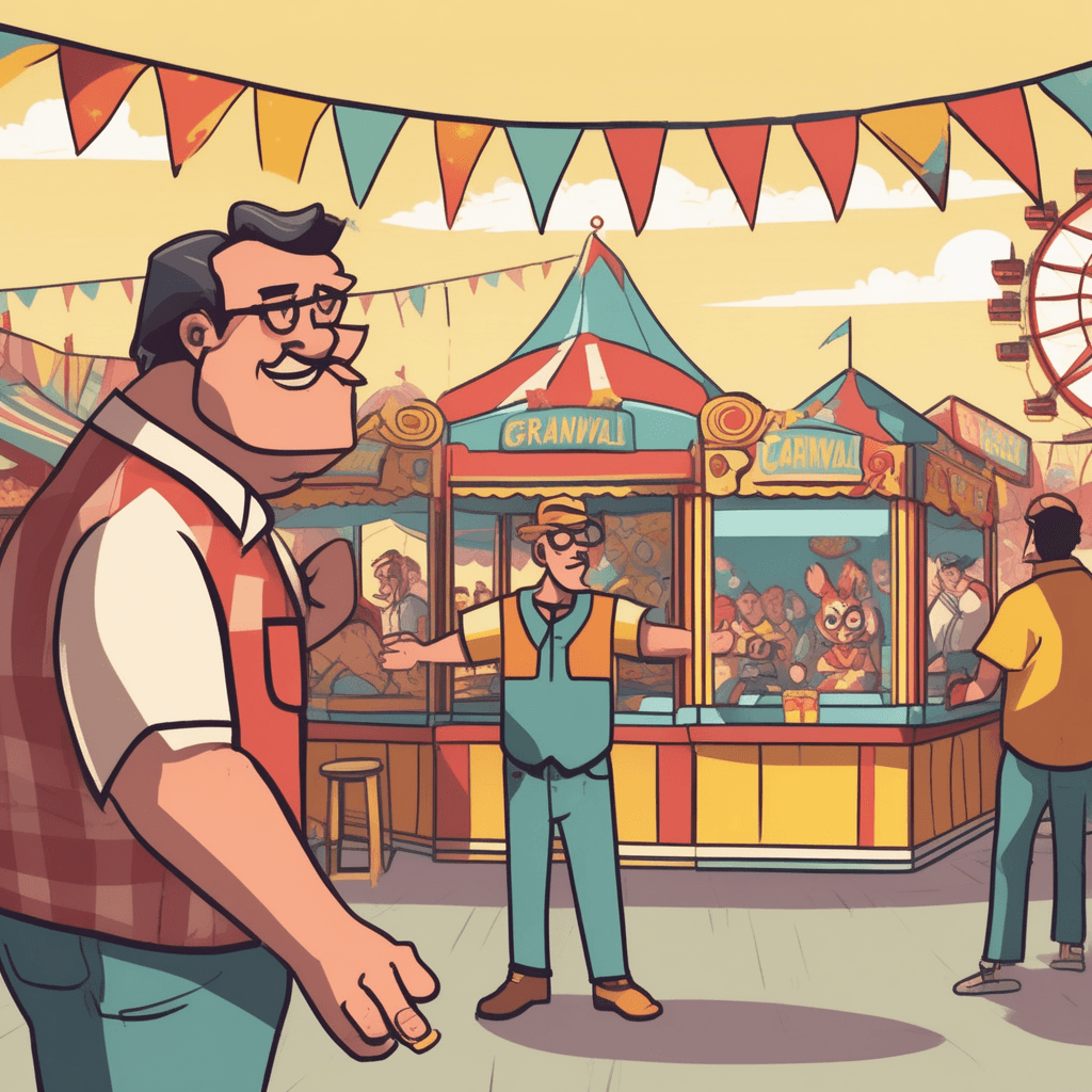 a carnival game operator gestures grandly toward a shabby ring toss booth with crooked pegs and faded prizes. He points dramatically at a banner above his booth while speaking enthusiastically to potential customers. A family approaches the game expecting something impressive based on his confident presentation. When they try to play, the rings bounce off the deliberately tilted pegs and the small prizes look cheap up close. The customers exchange disappointed glances while the operator continues his exaggerated claims. Other carnival visitors walk away shaking their heads after seeing the reality doesn't match the hype. something being much praised or boasted about in a way that suggests it may not deserve such praise