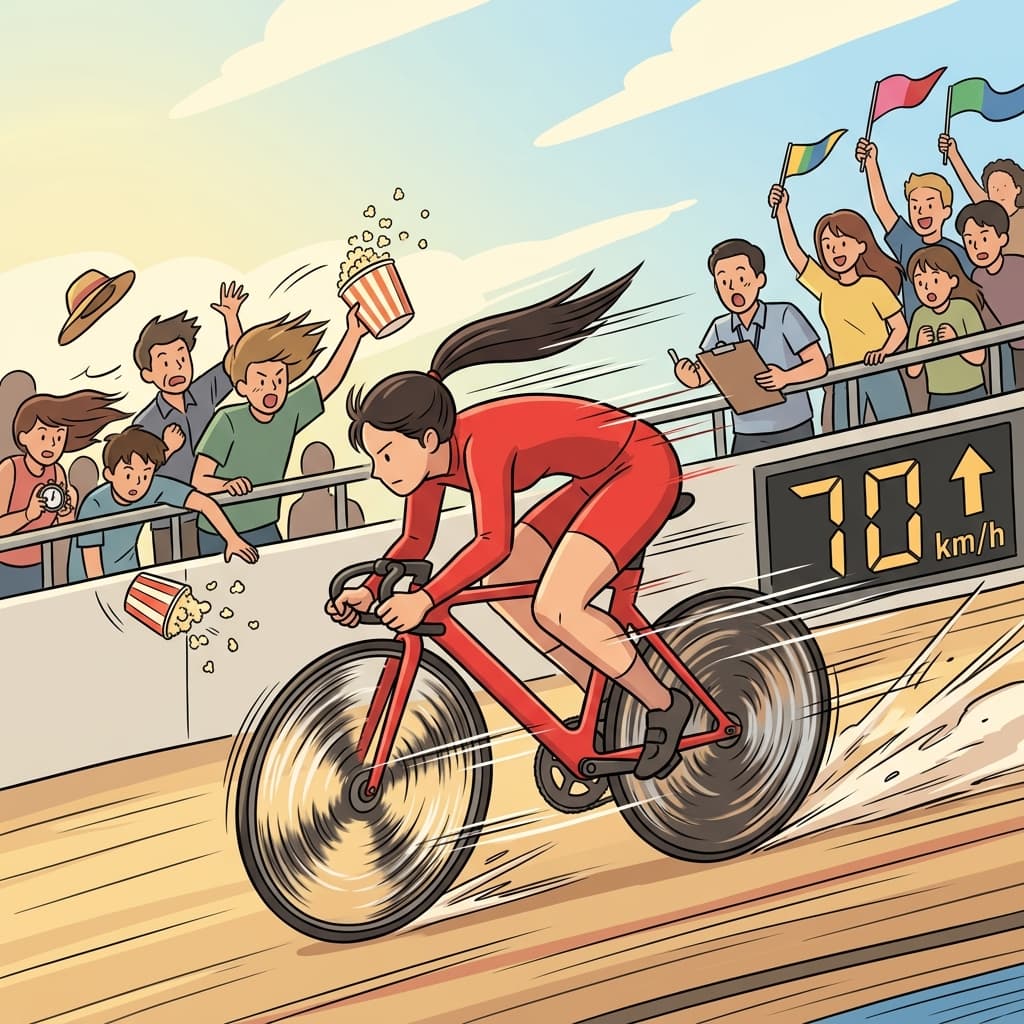 The cyclist's velocity stunned the crowd as she blurred past the finish line.