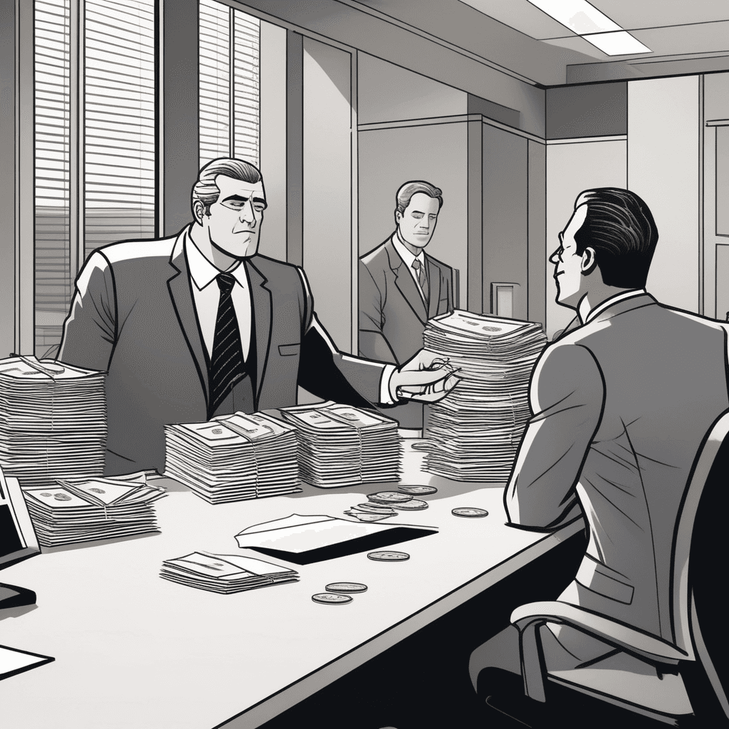 a well-dressed government official secretly accepts a thick envelope of cash from a businessman across his desk. The official glances around nervously while stuffing the money into his jacket pocket. In exchange, he slides an official document with an approval stamp toward the businessman. The businessman smirks with satisfaction as he receives the fraudulent approval. Security cameras on the wall are deliberately turned away from the scene. venality through the corrupt exchange of money for official favors motivated by personal gain rather than proper procedure