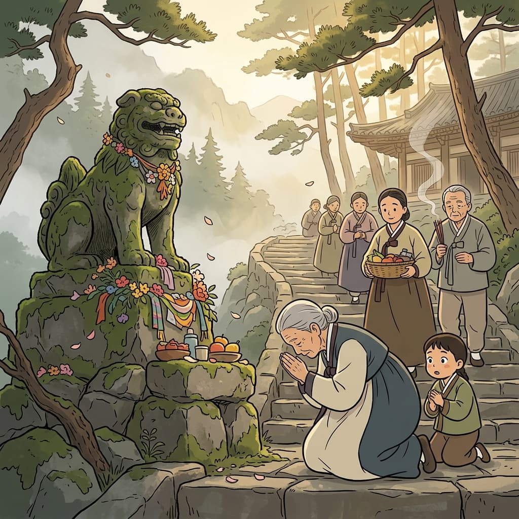 Villagers venerate the ancient temple guardian with quiet bows and offerings.