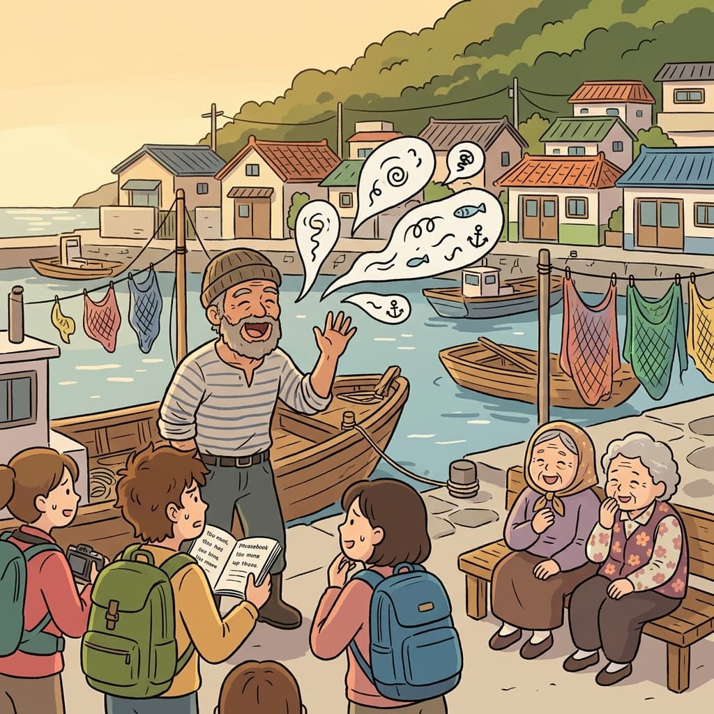 The old fisherman greets tourists in the local vernacular of his coastal village.
