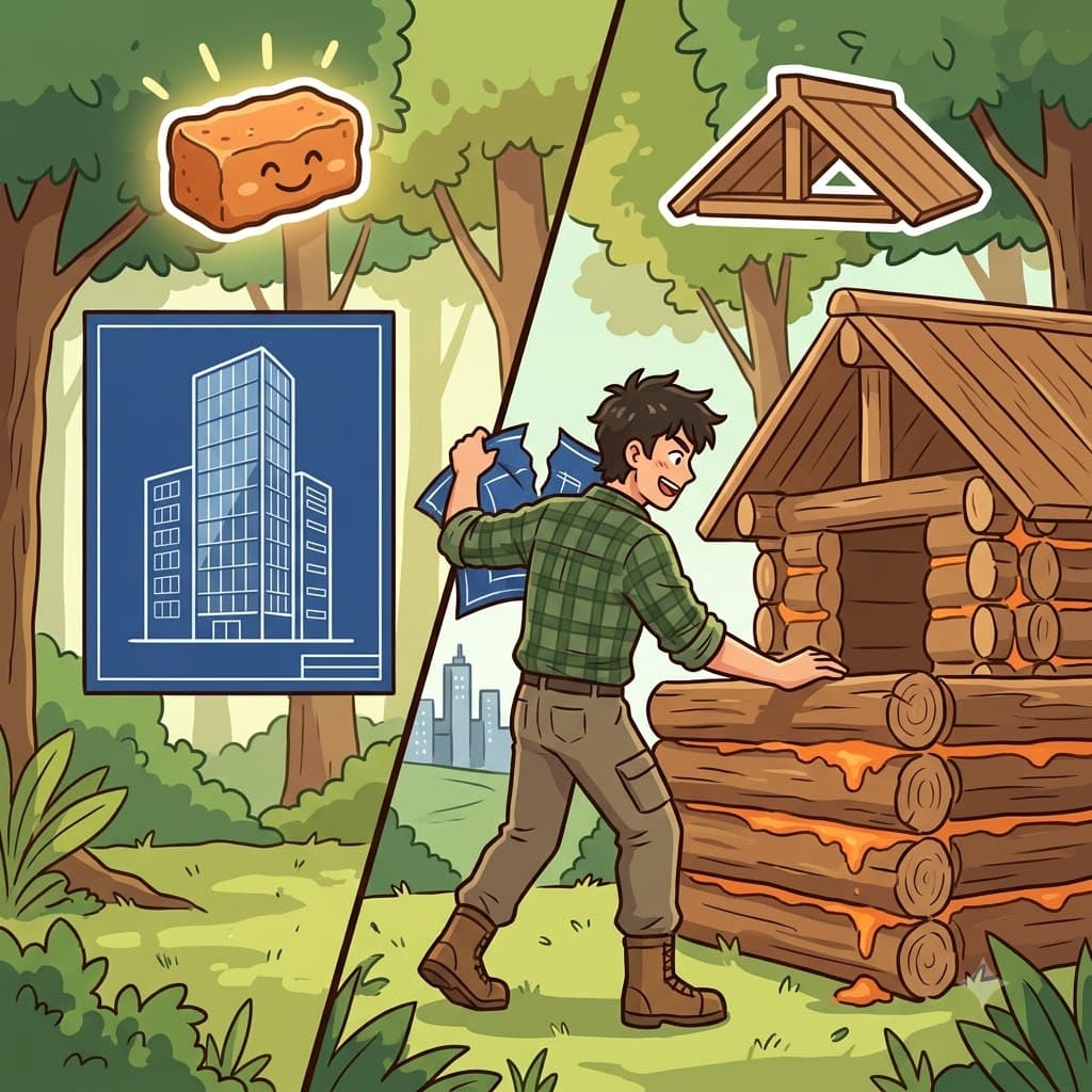 VERN(native) + ACULAR(pertaining to) — ignoring the modern glass blueprint, the builder aggressively used local mud and wood to build a house in the true native vernacular.