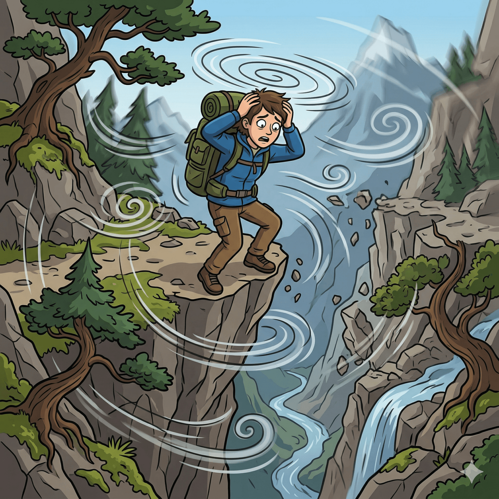 A hiker on a steep cliff edge feels extreme vertigo, holding their head as the environment spins violently, visualizing dizziness.