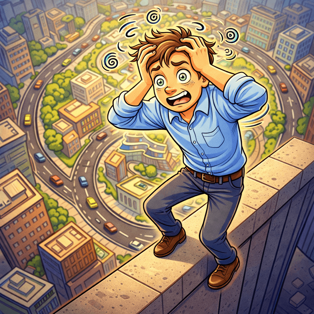 Vertigo on the dizzy go — one frightened man sways high above the spinning city below.