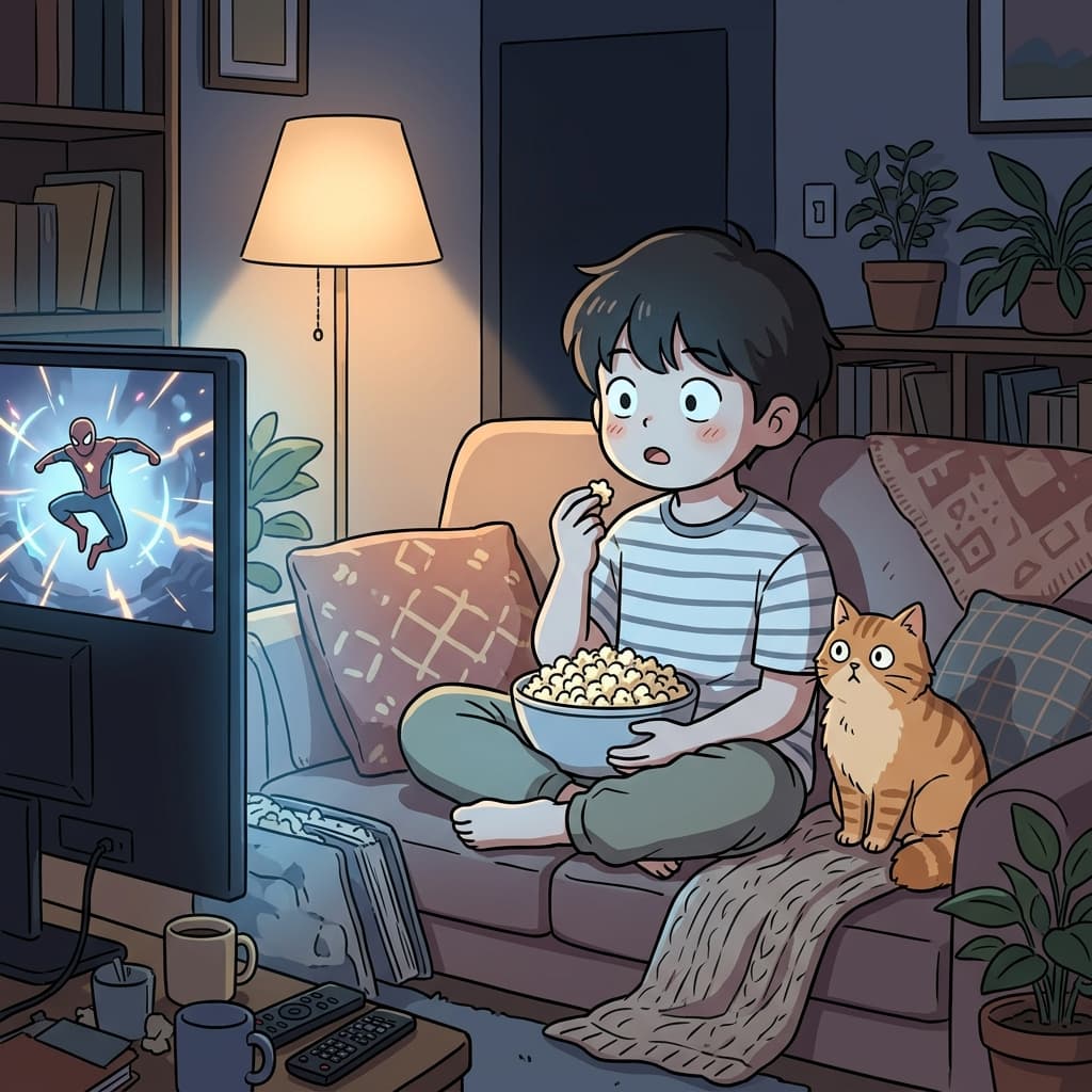 A young viewer sits glued to the TV, eyes wide during the finale.
