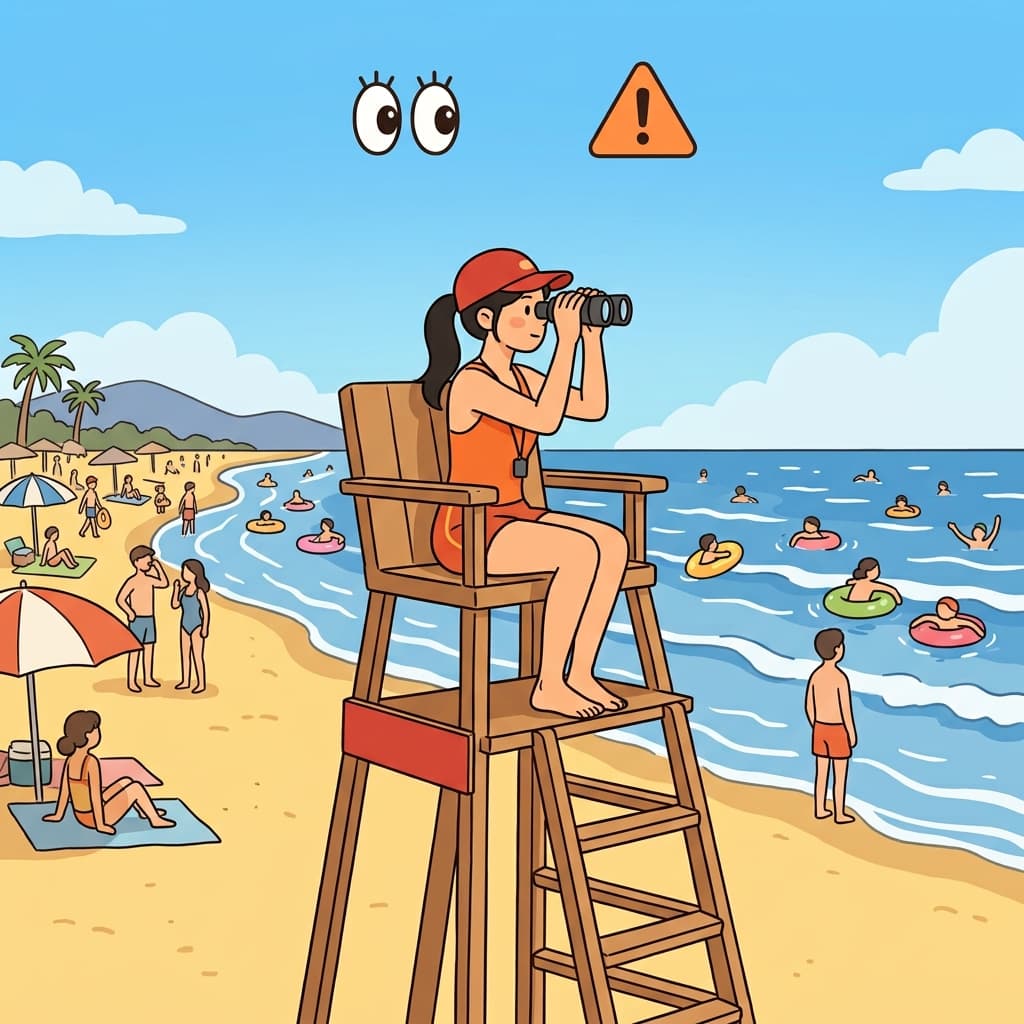 The lifeguard stayed vigilant while watching the crowded beach. (👀 Watch Carefully + ⚠️ Stay Alert → Vigilant)