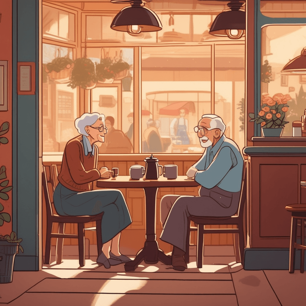 an elderly gentleman sits across from a young woman, gesturing expressively as he shares a short story from his past. His eyes sparkle with warmth as he describes a simple but meaningful memory. The young woman leans forward attentively, completely absorbed in his brief but vivid tale. Her coffee cup sits forgotten as she becomes lost in the evocative details he paints with his words. Other patrons in the background pause their conversations, drawn to the captivating snippet of life being shared. a brief evocative description or episode being told