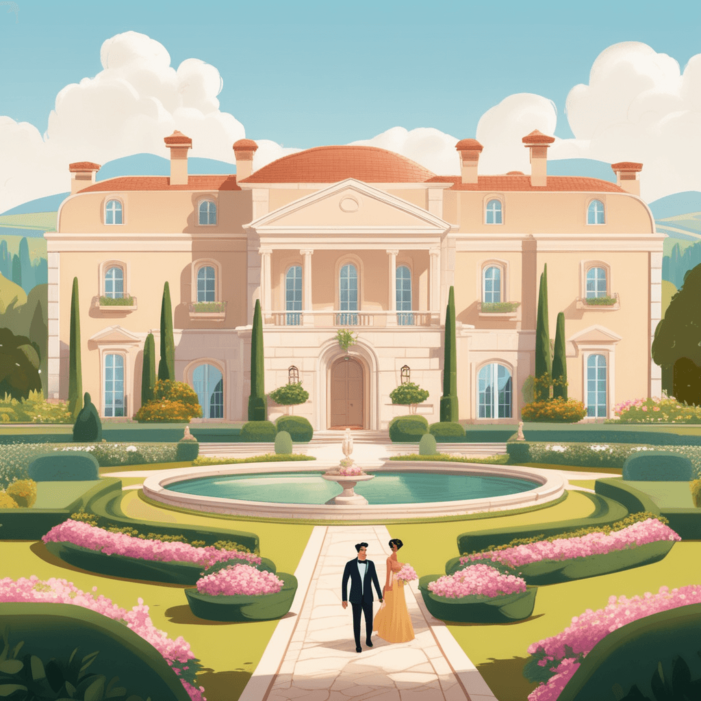 a well-dressed family walks up the curved stone pathway toward the impressive front entrance of the villa. The parents point admiringly at the ornate columns and arched windows while their children run ahead excitedly. As they approach, the massive wooden doors open to reveal elegant interior lighting spilling out. A butler emerges from the entrance to welcome the arriving guests with a formal bow. The landscaped gardens frame the scene with topiary bushes and fountain features. Other guests can be seen on the villa's terraced balconies enjoying the scenic view. a large house in the country with fine architecture typical of an upscale estate