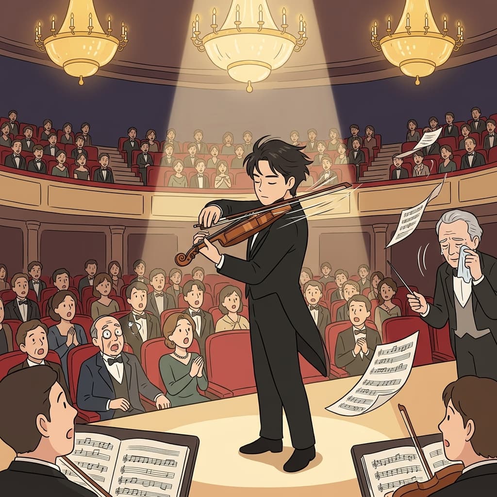 The young virtuoso stuns the concert hall with a flawless violin solo.