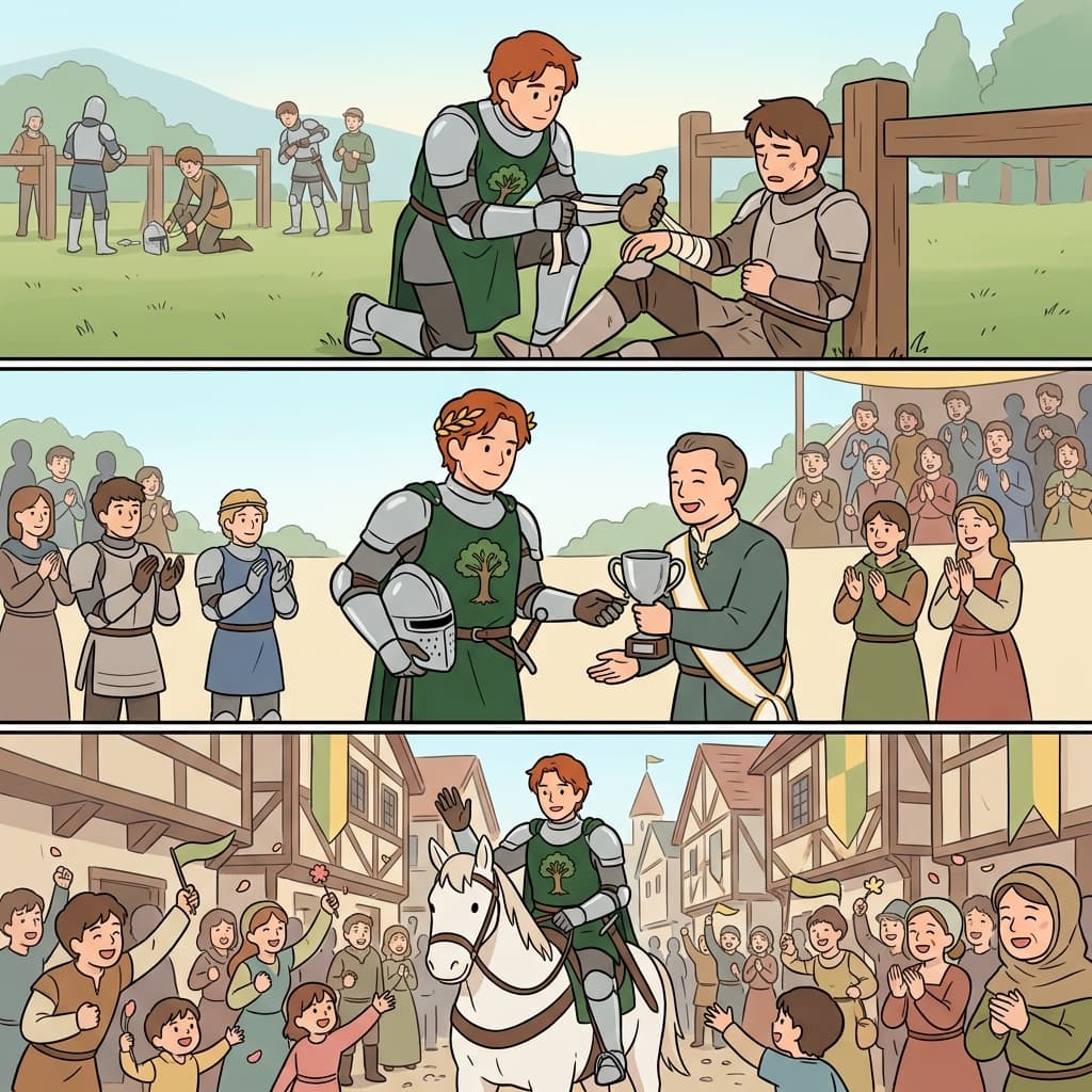 The virtuous knight became victorious and earned a glorious reputation.