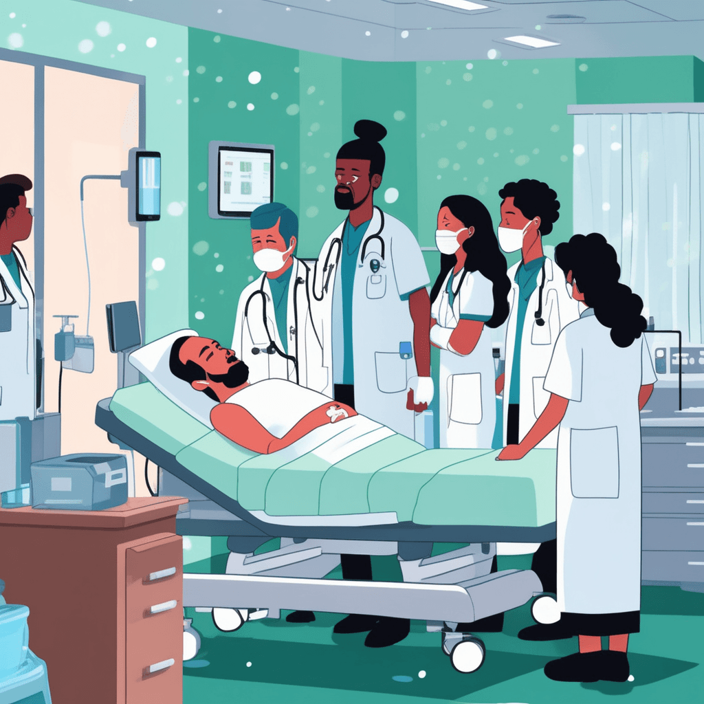 a clearly sick patient coughs violently while sitting on an examination table, spreading visible droplets into the air. The patient's face shows severe symptoms with fever and weakness from the aggressive infection. The virus particles float menacingly through the air toward nearby medical workers and other patients. Healthcare workers quickly step back in alarm, covering their faces with masks and protective gear. Other patients in the background show various stages of the same severe illness, creating a scene of escalating medical crisis. the extreme severity and harmfulness of a rapidly spreading disease