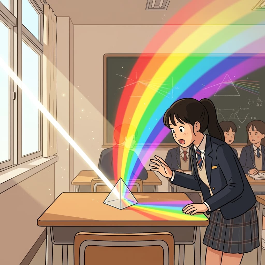 A prism splits sunlight into visible light, revealing the full rainbow spectrum.