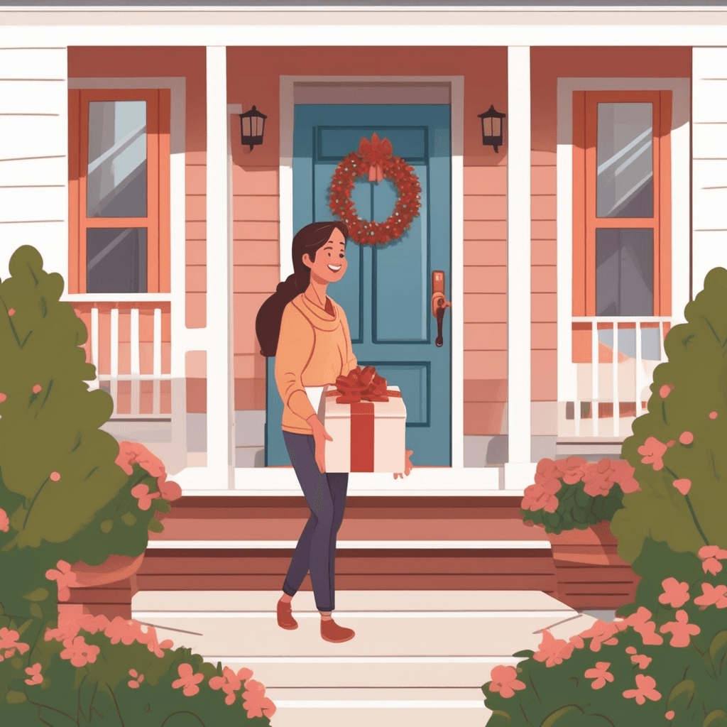 a cheerful woman carrying a small gift walks up the front steps toward the door. She reaches out to ring the doorbell with a bright smile on her face. The front door opens to reveal a delighted homeowner who recognizes her visitor. The homeowner's face lights up with joy and surprise at seeing their friend. Both women embrace warmly on the porch as flowers and plants frame the welcoming entrance. someone going to see another person for a period of time