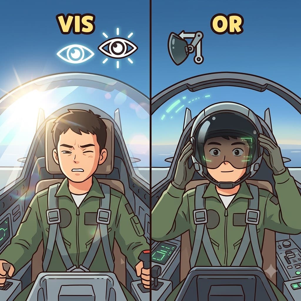 VIS (sight / to see) + OR (device for) — by lowering the tinted plastic OR (device) to protect his clear VIS (sight), the pilot safely used his helmet visor.