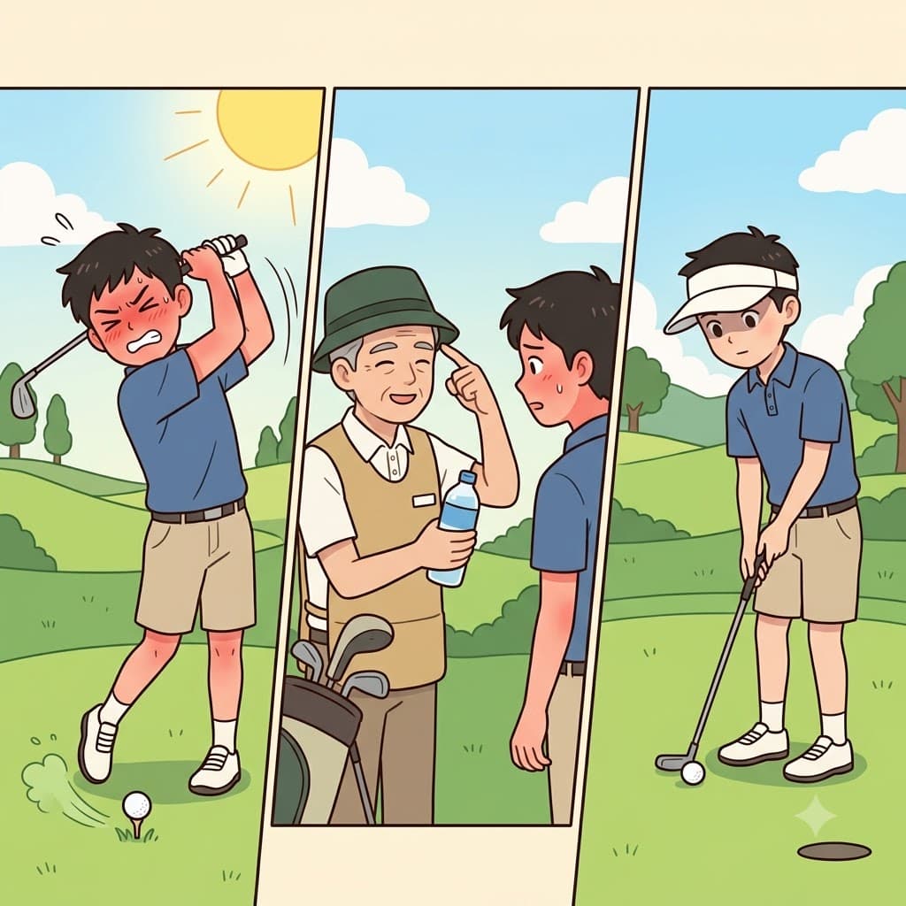 Growing much wiser after listening to his experienced advisor, the young golfer wore a wide visor to block the morning glare.