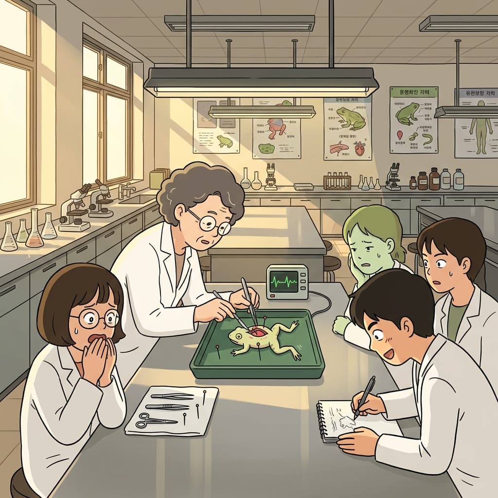 The biology students watched a live vivisection of a frog under bright lab lights.