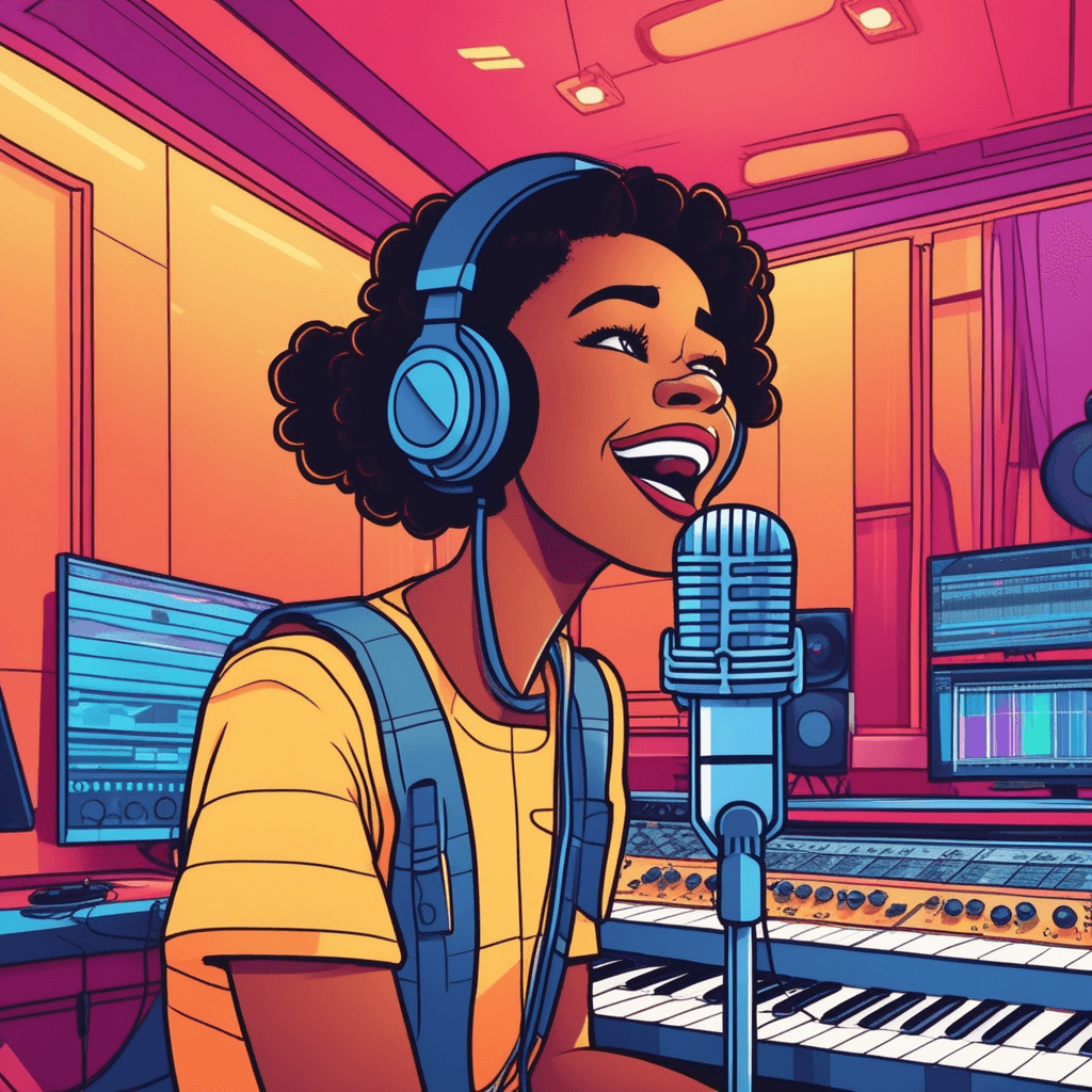 a young singer leans toward a large microphone with her mouth open, clearly producing sound. Visible sound waves flow from her mouth toward the microphone in curved lines. The sound engineer behind the glass booth adjusts controls while listening intently through headphones. His face shows he can hear the beautiful melody being created. the sound produced in a person's larynx and uttered through the mouth as speech or song