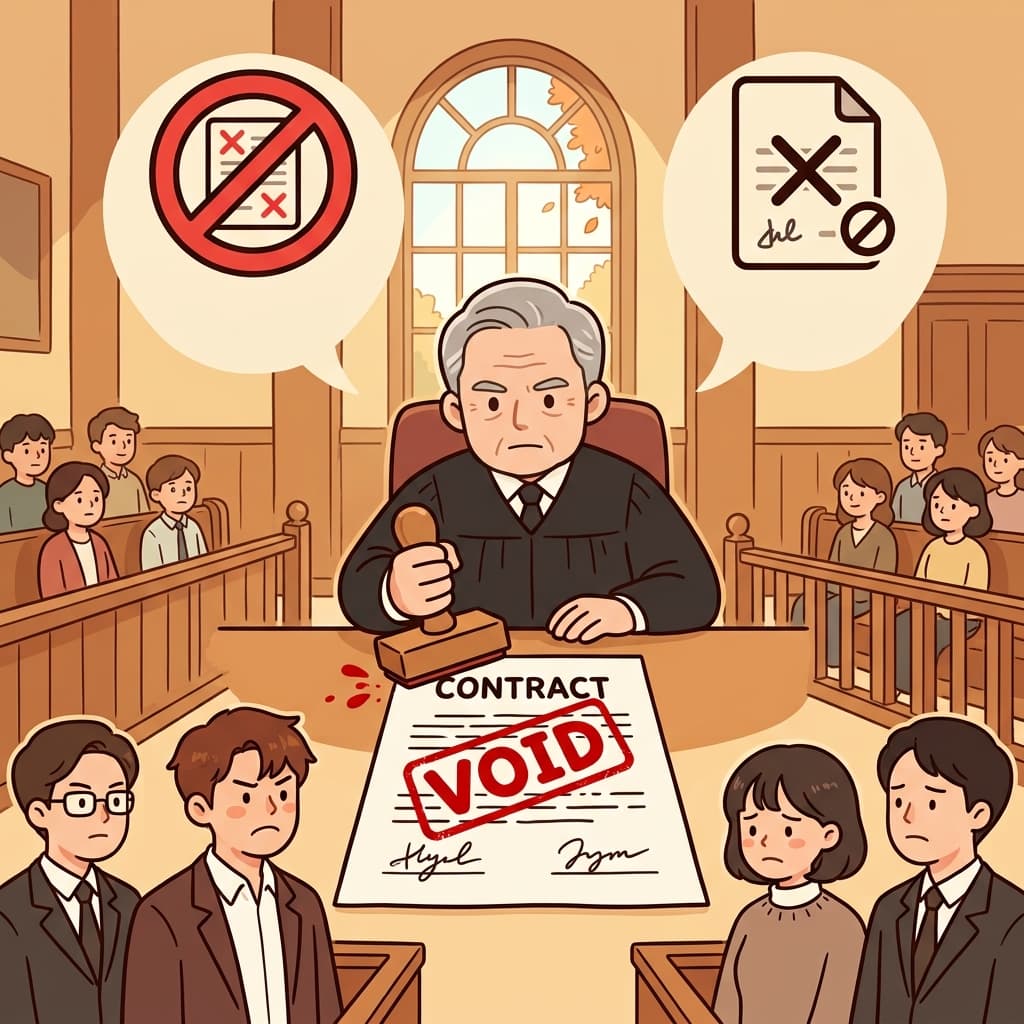 The judge declared the contract void. (🚫 Invalid + 📄 No Effect → Void)