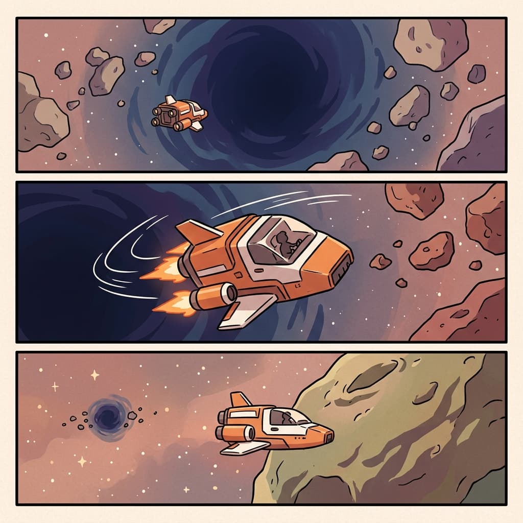 The pilot avoided the void between two asteroids.