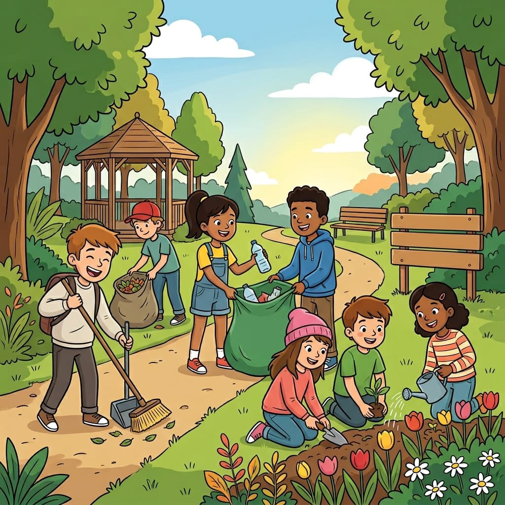 The students did voluntary work by cleaning the neighborhood park.