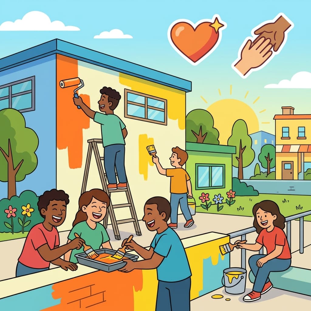 The voluntary helpers painted the community center simply because they wanted to help. (VOLUNTEER → VOLUNTARY → doing something because you want to)