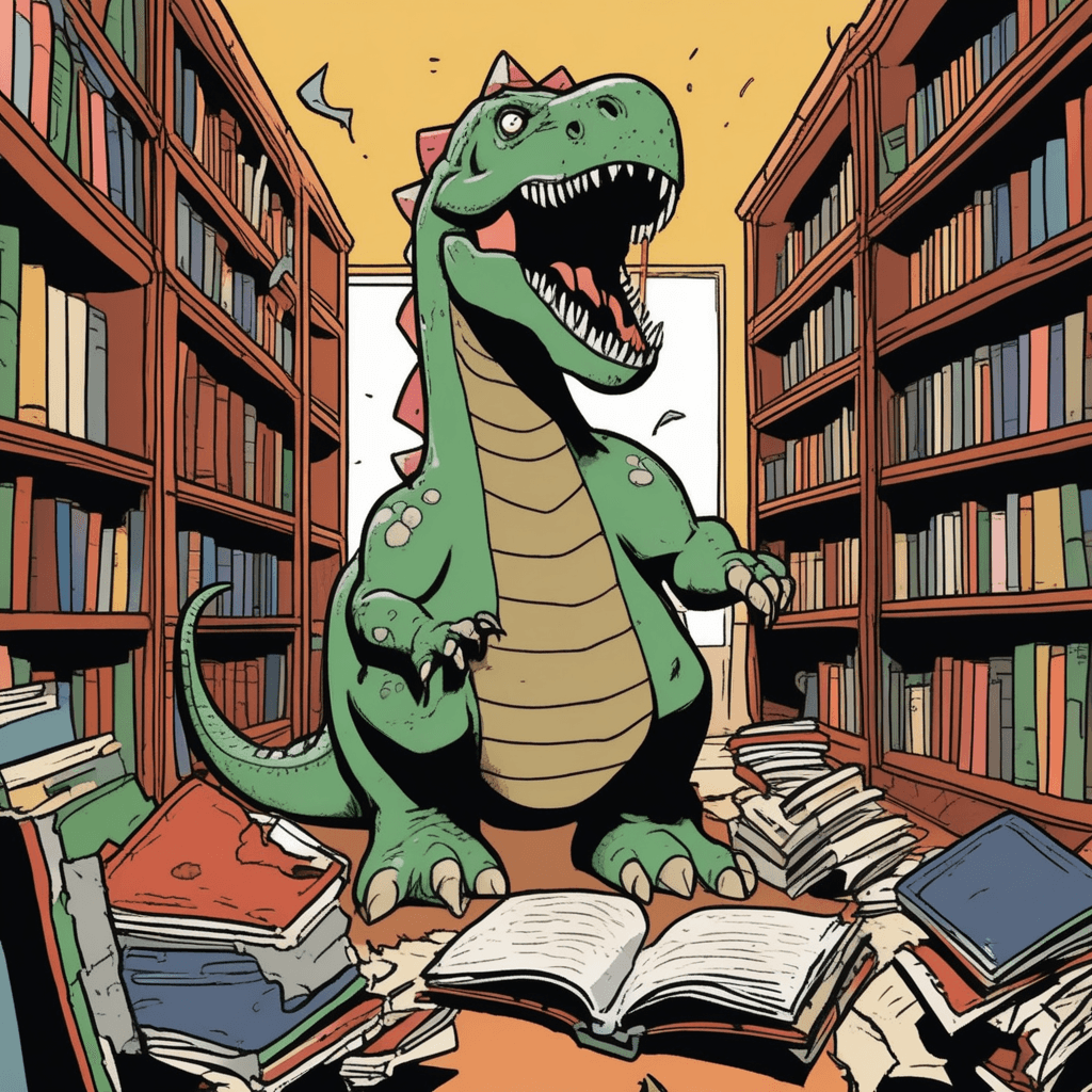 Dinosaur voraciously devouring books while librarian says shush