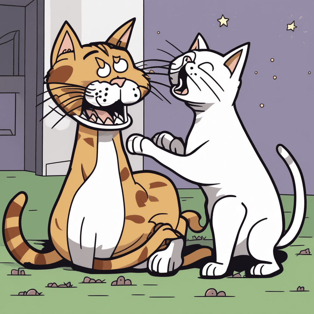 The roguish cat teases the sluggish dog with waggish delight!
