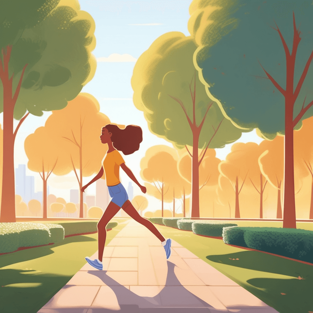 A woman walks her dog along the sunny park path