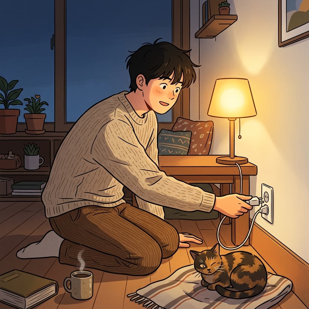 He plugs the lamp into the wall outlet and the room lights up.