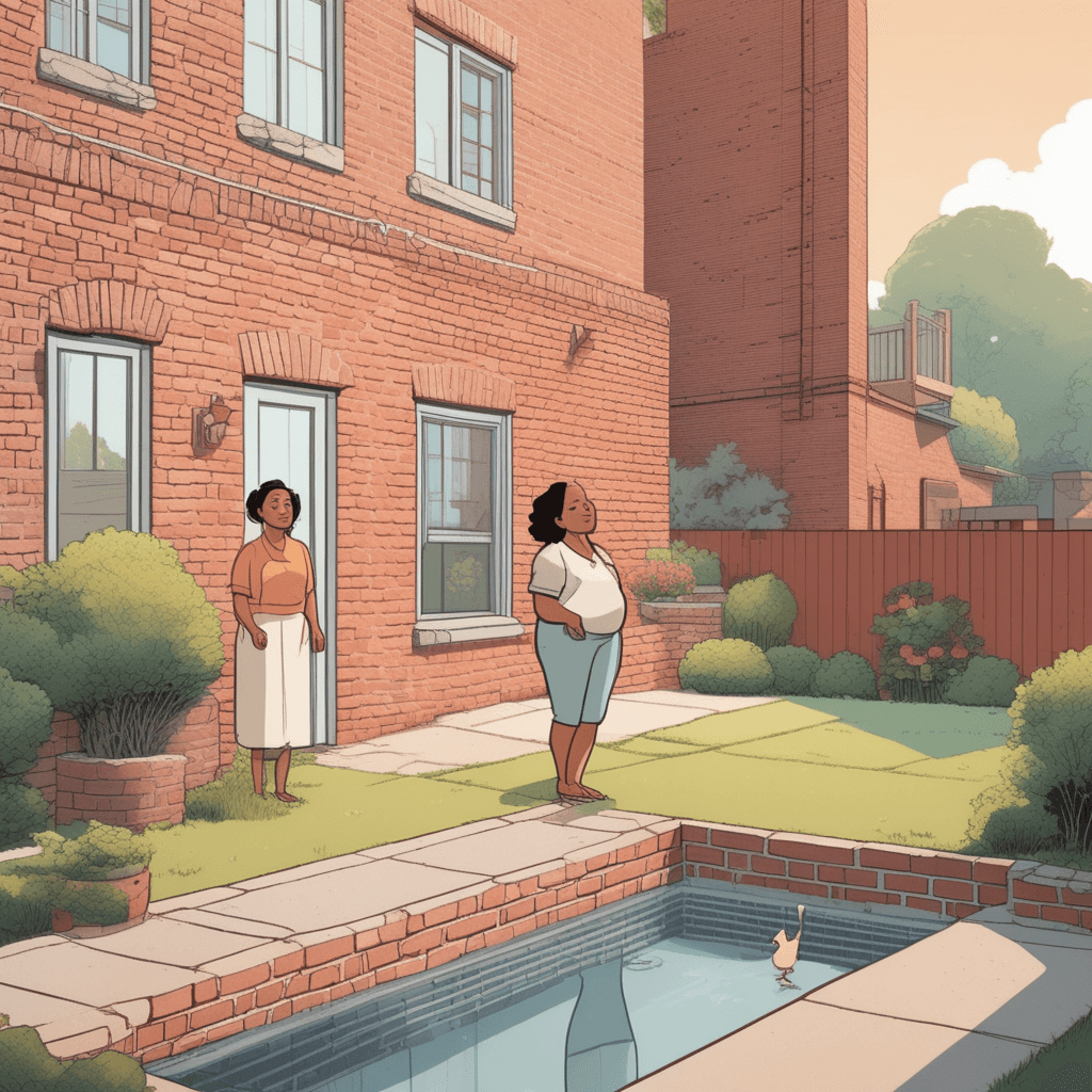 A brick wall separates two neighbors in their yards