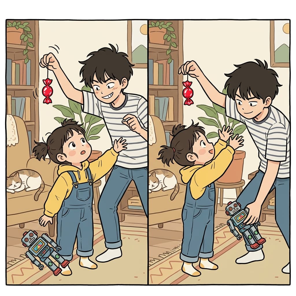 The brother dangled a shiny candy to wangle the robot toy from his sister.