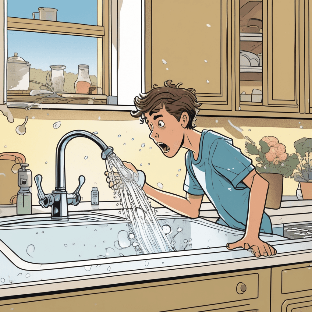 a teenage boy carelessly leaves the water faucet running at full blast while brushing his teeth. Water pours continuously down the drain as he moves away from the sink to grab a towel. The water keeps flowing even though he's no longer using it, creating a steady stream of unused water. His mother enters the kitchen and points at the running faucet with a concerned expression. She quickly moves to turn off the tap while shaking her head disapprovingly. water being used carelessly and without purpose