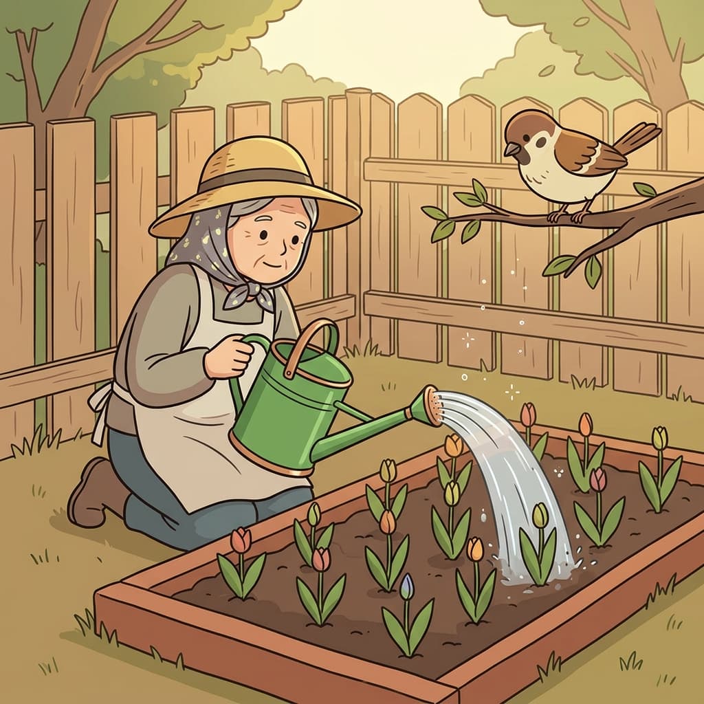 The gardener tips the watering can gently over blooming tulips.