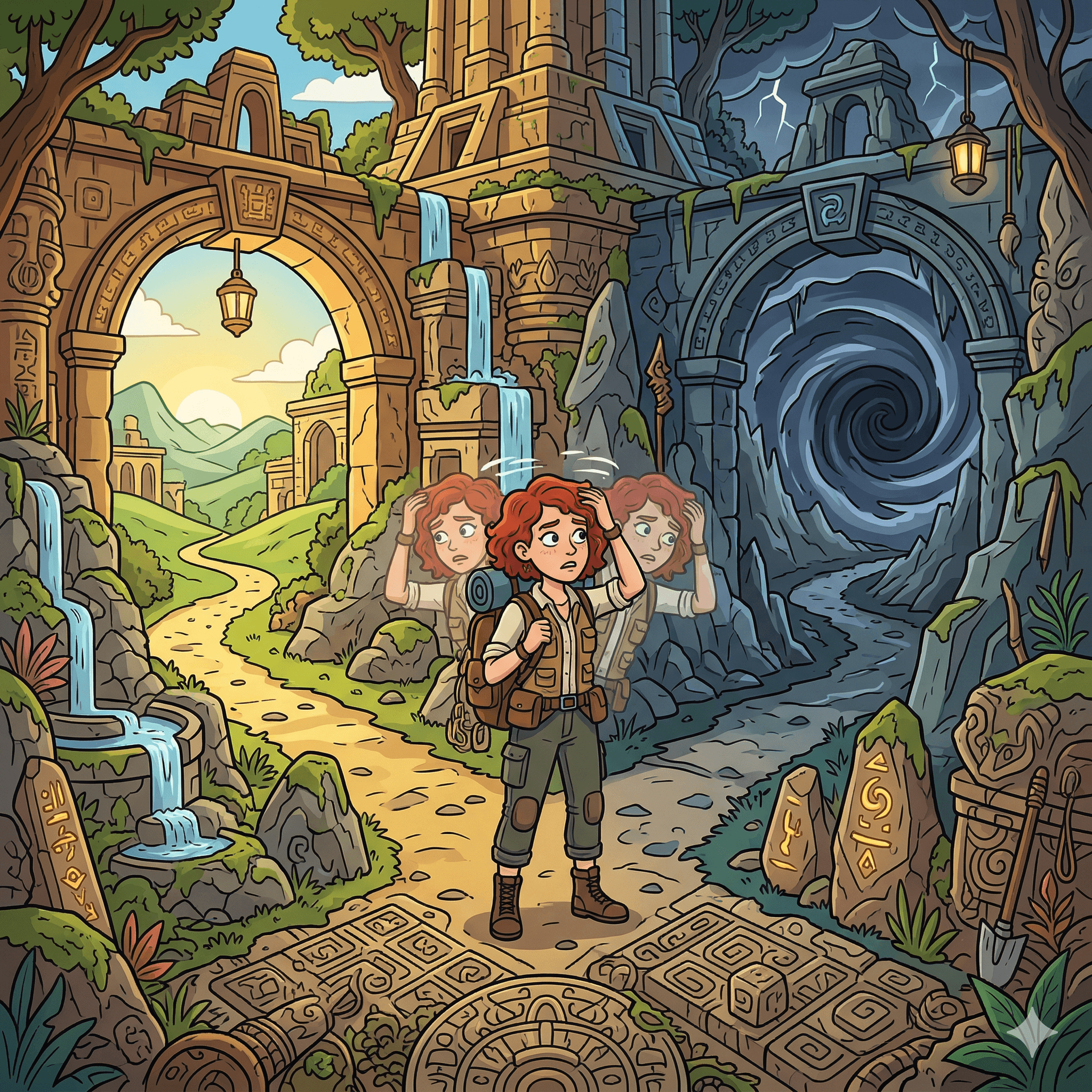 A confused hiker wavers at a forest crossroads, unsure of which path to choose.