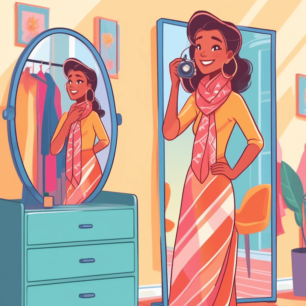 A woman wears a colorful scarf while getting dressed in her bedroom