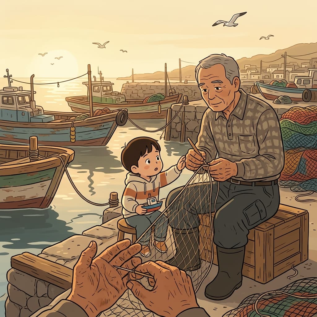 The old fisherman's weathered hands tell decades of stories from the sea.