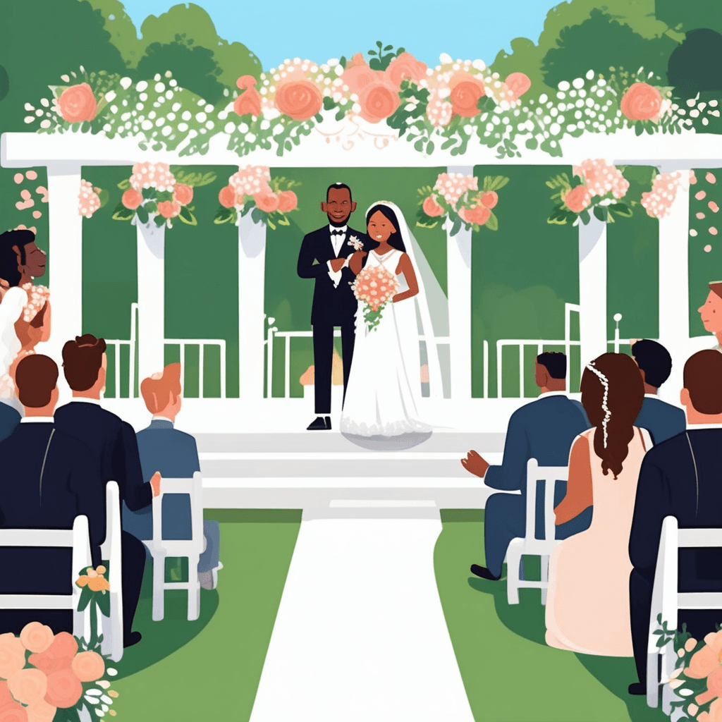 A bride and groom celebrate their wedding ceremony at the altar