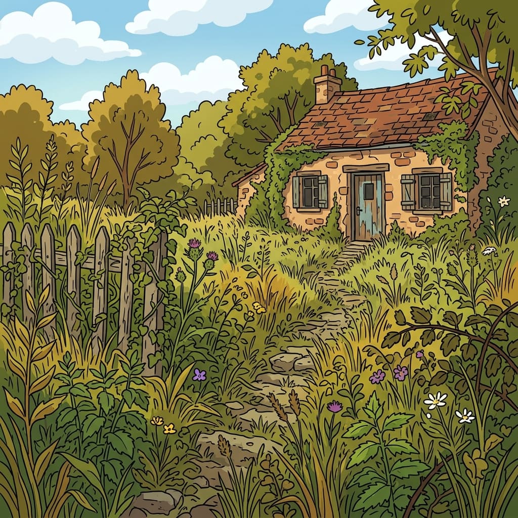 The abandoned house had a weedy garden full of tall wild plants.