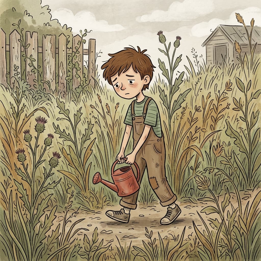 The weak-looking boy walked through a weedy garden filled with tall weeds. (WEEDY → WEED + WEAK → full of weeds / thin and weak-looking)