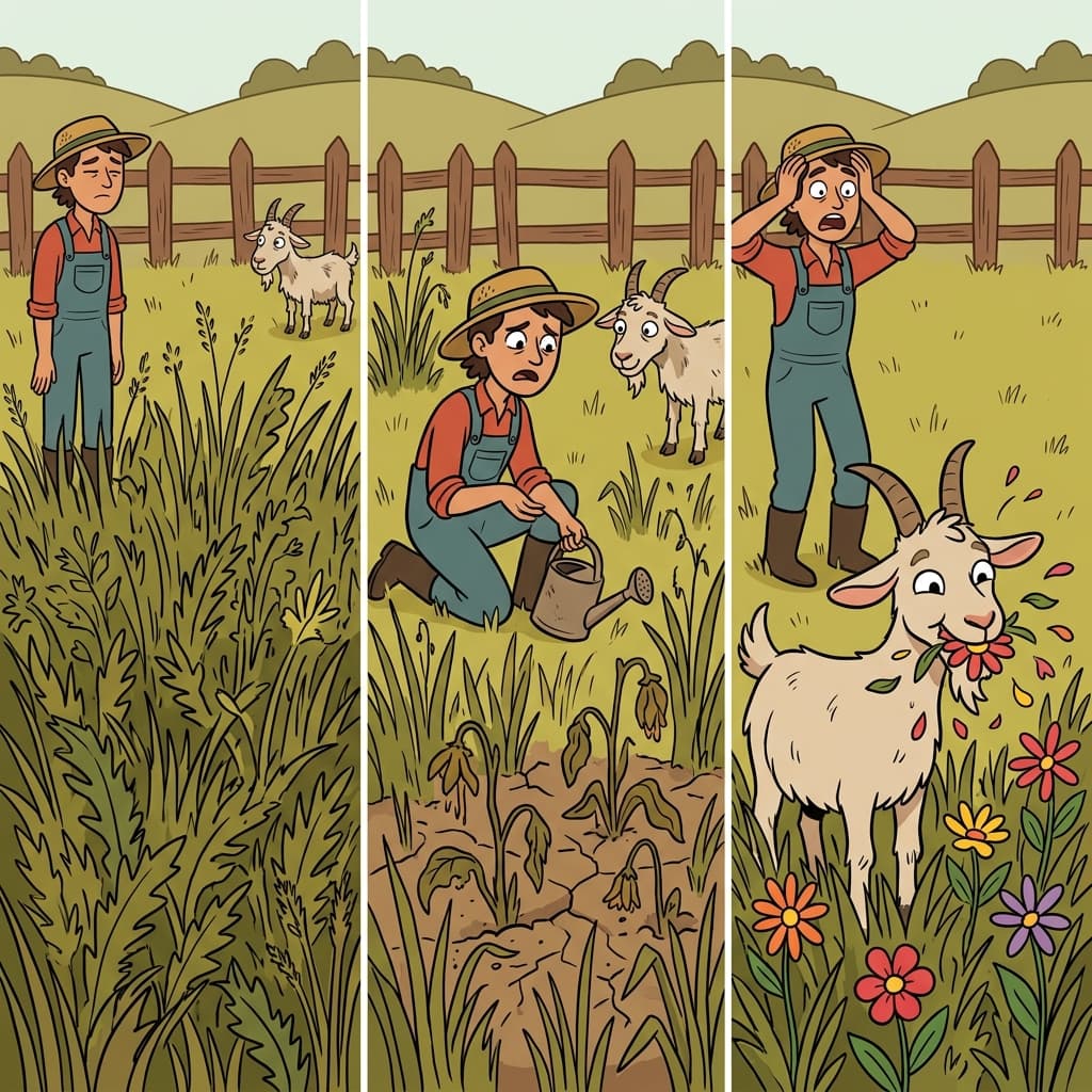 The weedy garden looked needy for care, but the greedy goat ate all the fresh flowers.