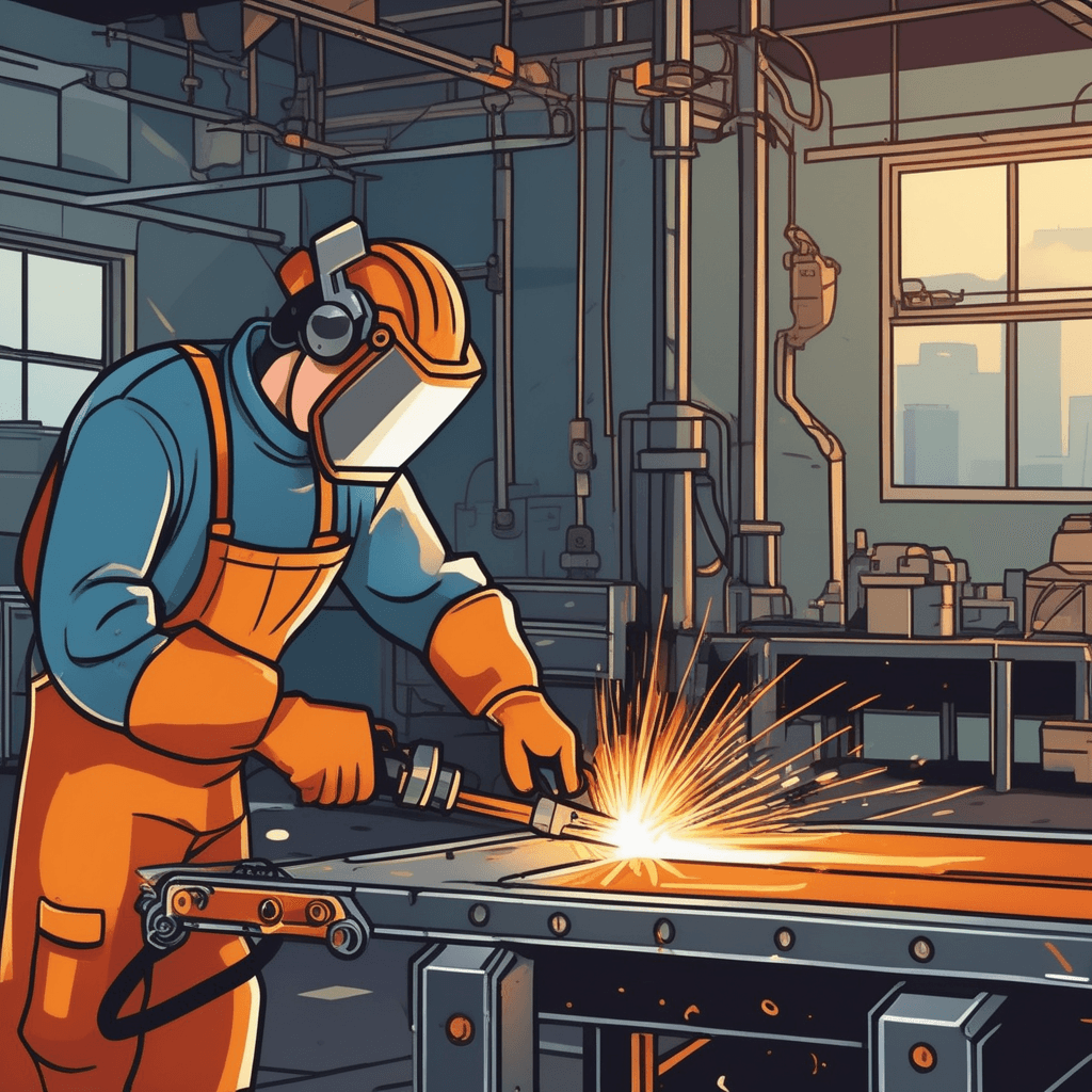 a skilled welder in protective gear holds a welding torch that produces bright sparks and flames. The intense heat from the torch melts the edges of two separate metal plates positioned on the workbench. The molten metal flows and fuses together, creating a strong bond between the previously separate pieces. As the metal cools, it forms a solid joint where the two pieces are now permanently connected. An apprentice watches carefully from nearby, learning the technique while other workers continue their tasks in the background. metal pieces being joined together by heating and melting their edges