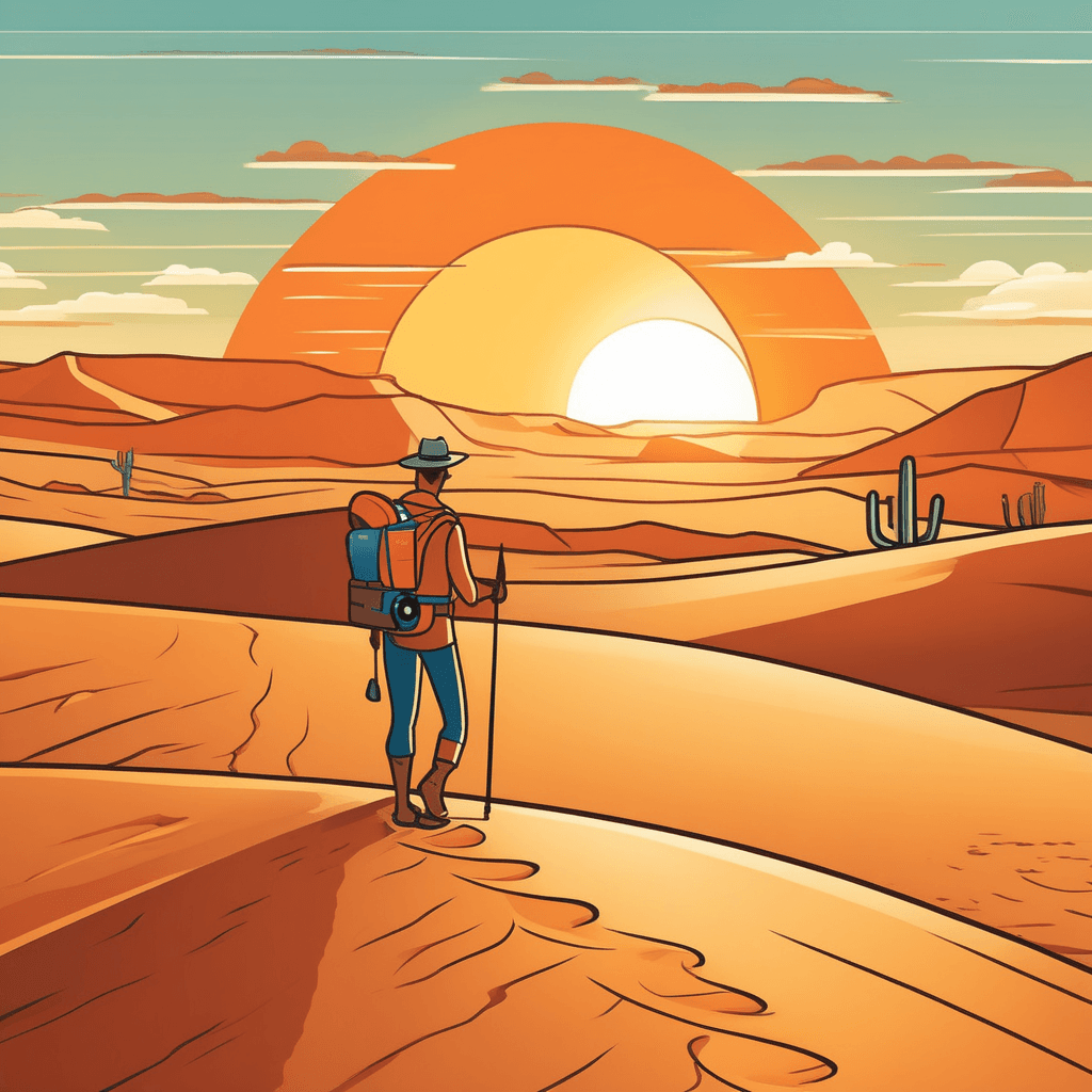 The traveler points west toward the setting sun using his compass