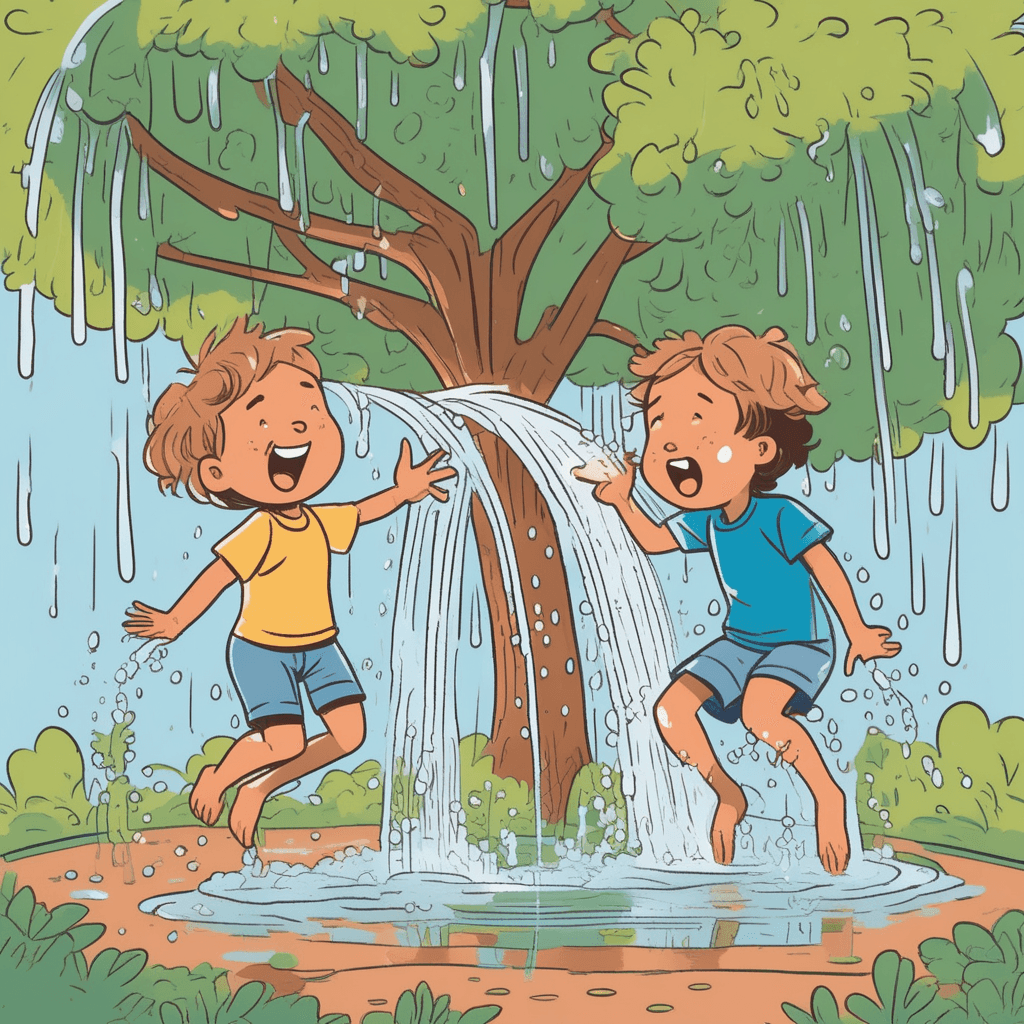 a young child stands with arms outstretched, completely drenched from head to toe with water dripping everywhere. Their hair is plastered down and their clothes are thoroughly soaked and clinging to their body. Three colorful water balloons have just burst around them, creating splash effects in the air. The water continues to drip from their face, arms, and clothing onto the grass below. Other children in the background laugh and prepare to throw more water balloons. Some wet patches are visible on the ground where previous water balloons have hit. someone completely covered and saturated with water
