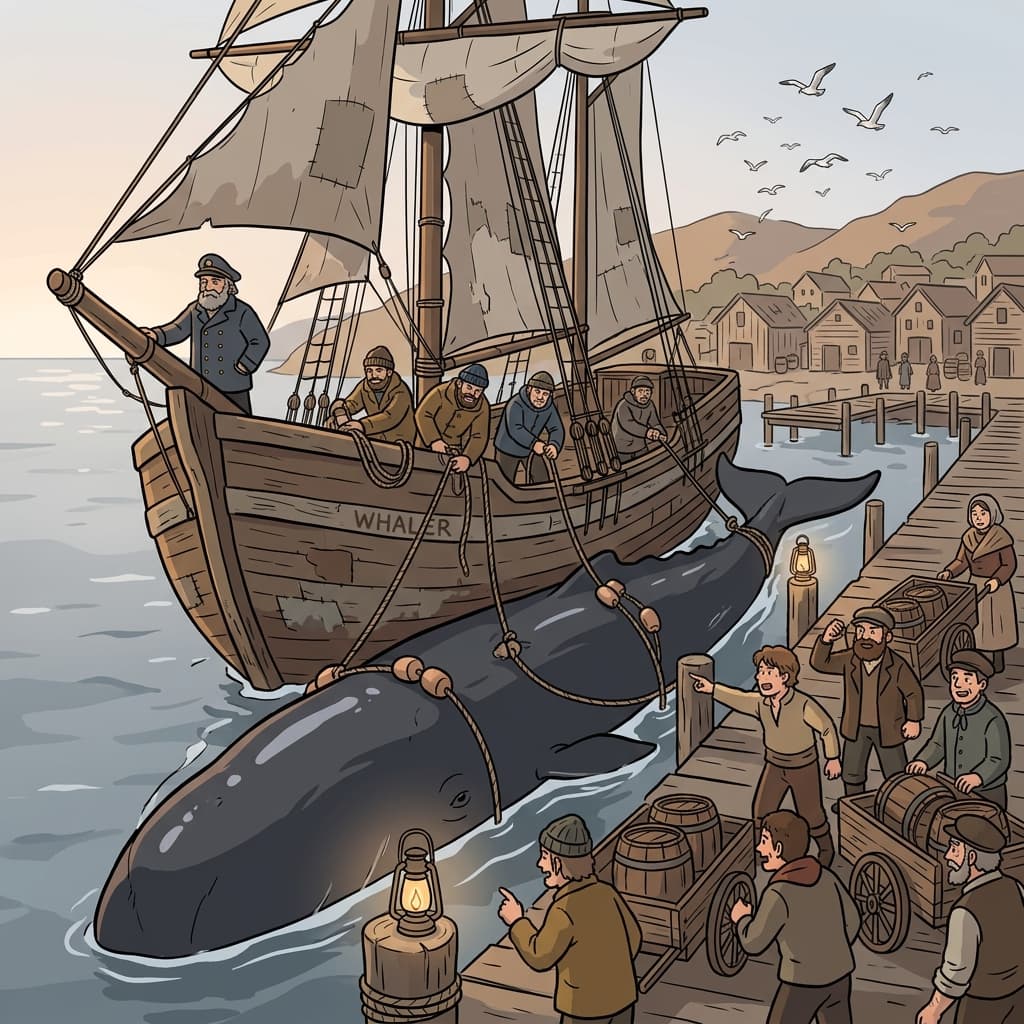 The old harbor town's whaling crew returns at dawn with their massive catch.
