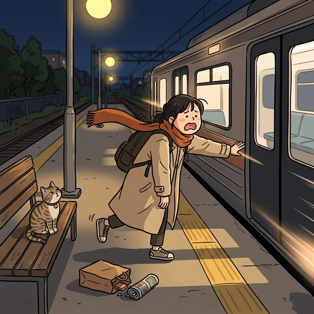 She missed the last train by seconds and sighed, 'What a pity!'