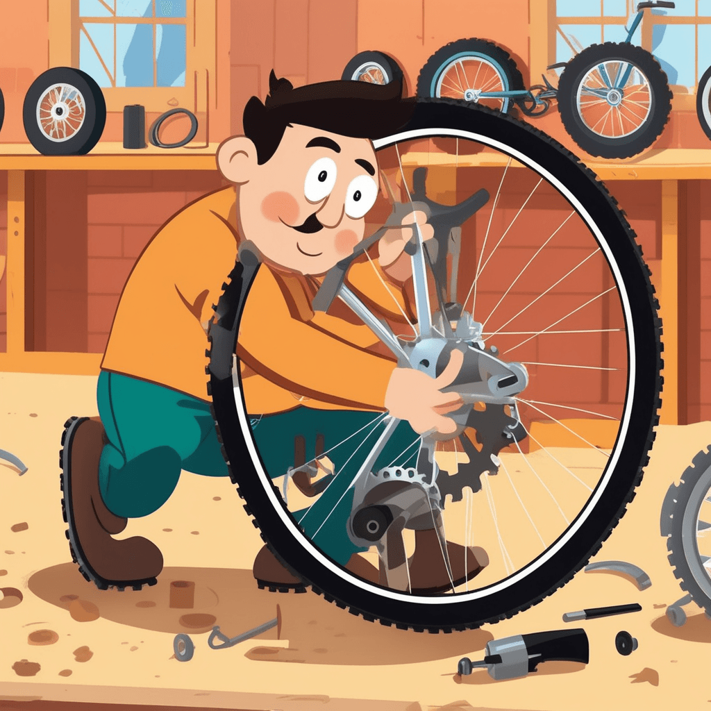 A mechanic spins the bicycle wheel to test its smooth rotation