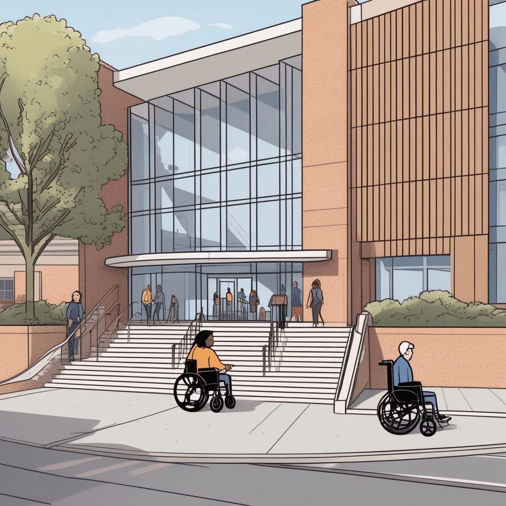 a person in a wheelchair smoothly rolls up a gently sloped ramp toward the library entrance. The wide concrete ramp has sturdy handrails on both sides and leads directly to double doors that automatically slide open. As the wheelchair user approaches, the doors sense their presence and open wide without any effort needed. A parent pushing a stroller follows the same ramp path while a delivery person with a wheeled cart also uses the accessible route. Everyone can enter the building easily through the same welcoming entrance. how the building is designed to allow access for people using wheelchairs